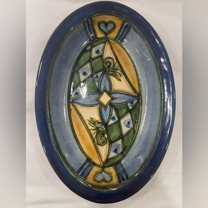 VTG MEXICAN RED CLAY PLATE OVAL 11" ART  MULTICOLOR w GLAZED  TOP  SIGNED ARTIST